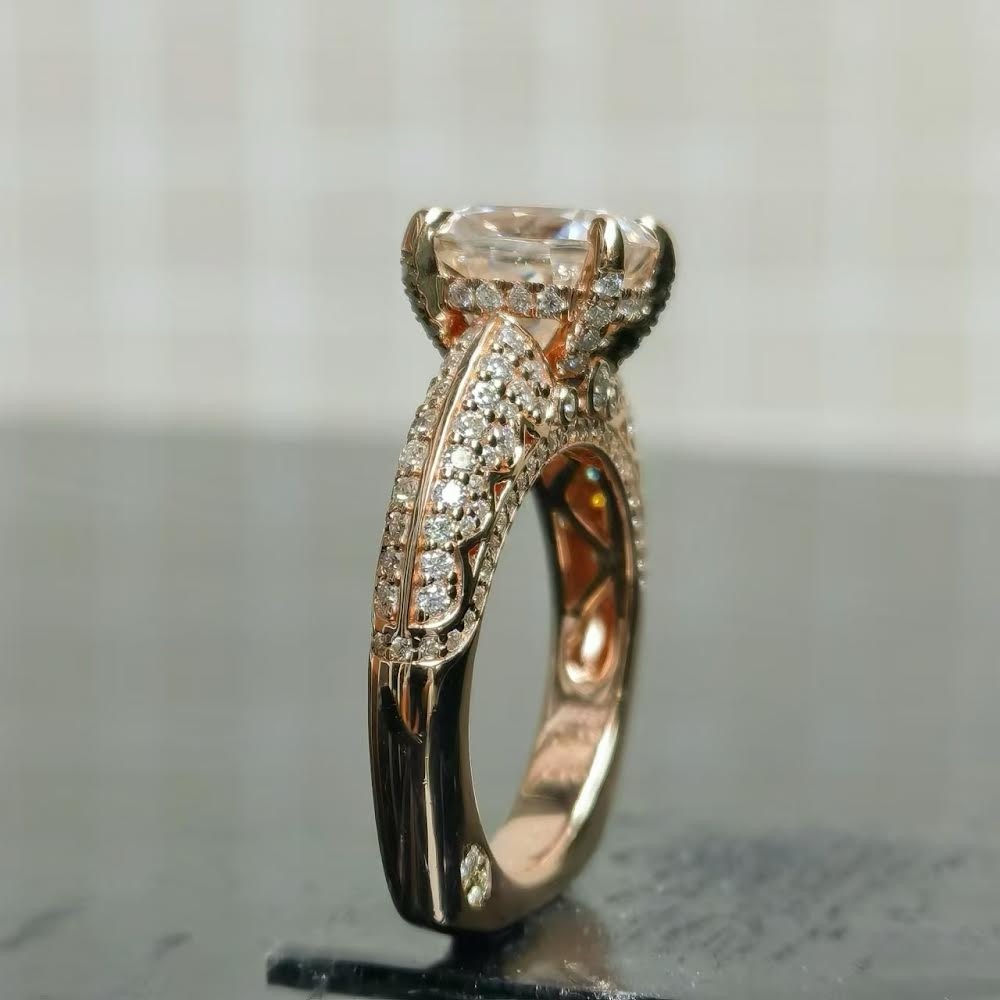 3 carat elongated moissanite center stone engagement ring.